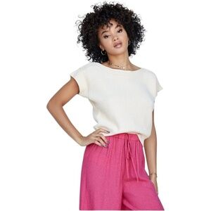 Callahan Knitwear Cream Textured Short Sleeve Boat Neck Sweater Top Size S